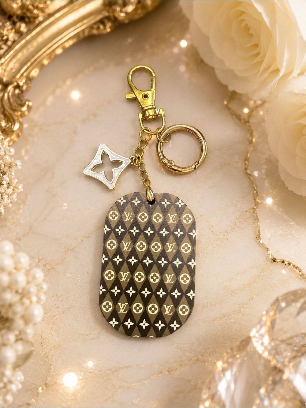 Handcrafted Double-Sided Brown & Gold Monogram Fashion Bag Charm Keychain